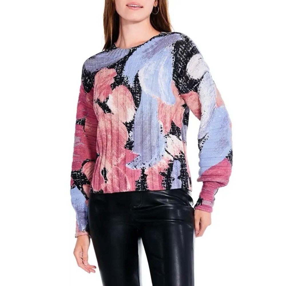 NIC+ZOE Autumn Bloom Textured Knit Sweater Pink Blue Floral S